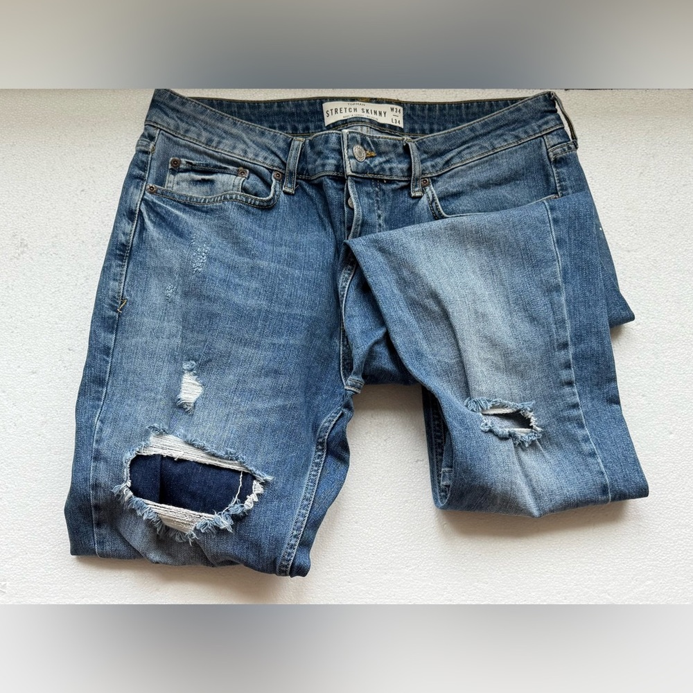 TOPMAN SKINNY FIT DISTRESSED JEANS MEDIUM FADE PATCHED HOLE